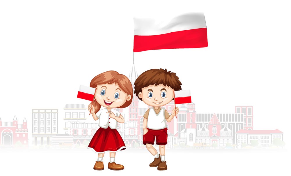 chłopiec i dziewczynka trzymają małe flagi za nimi panorama miasta ogromna flaga powiewa na wieży